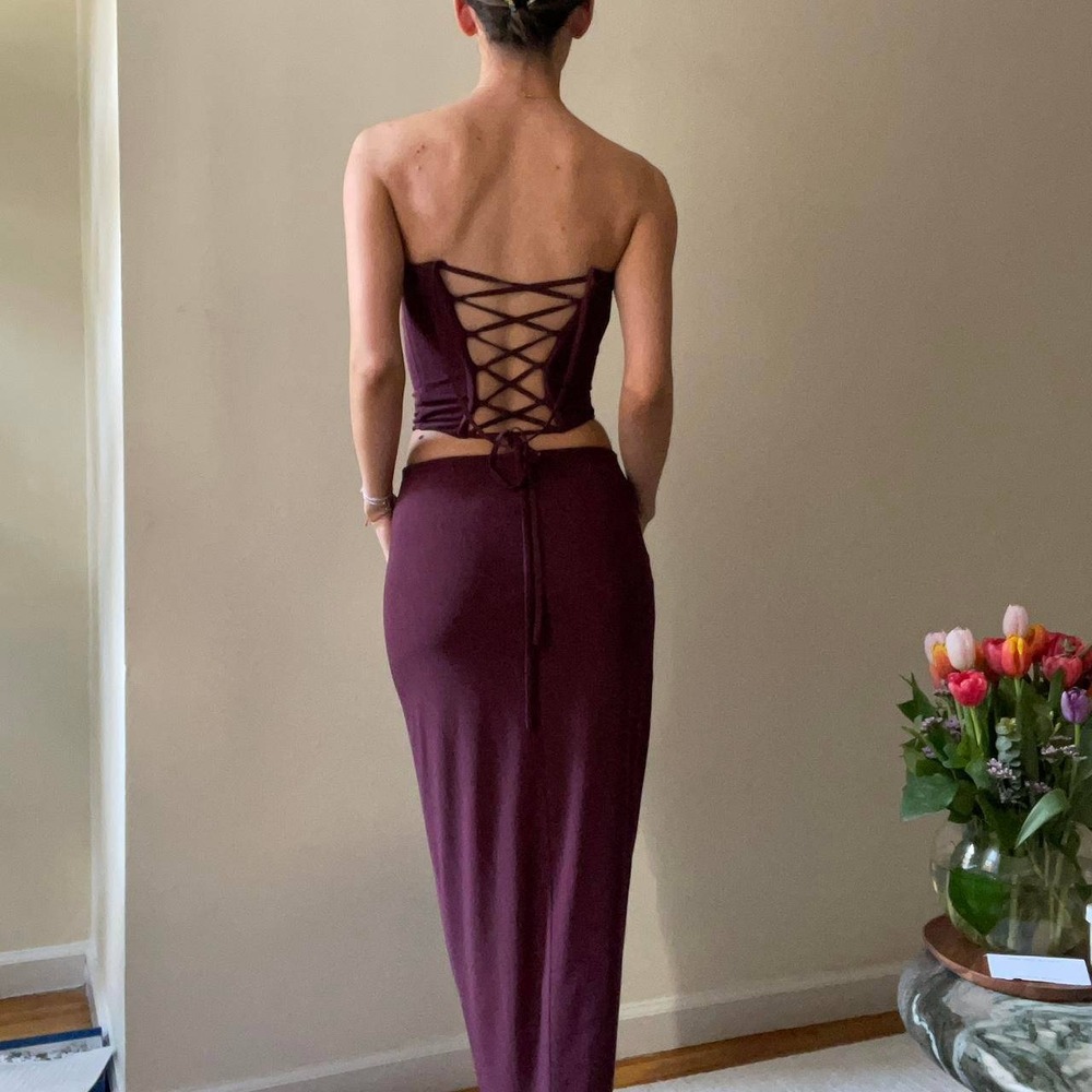 Camila Coelho Burgundy Mesh Corset Top Lace Up Back Womens M Strapless Revolve